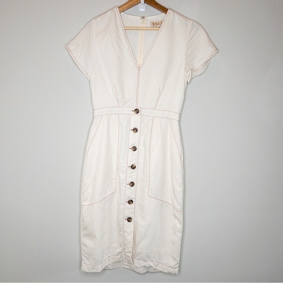 Dolan Rigby Topstitch Detail Button-Front Midi Dress Size Small Cream Linen - Picture 3 of 12
